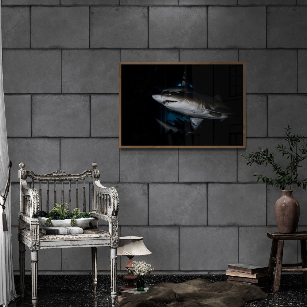 Shark art print — The Dark by Jake Wilton — view 4 in a room