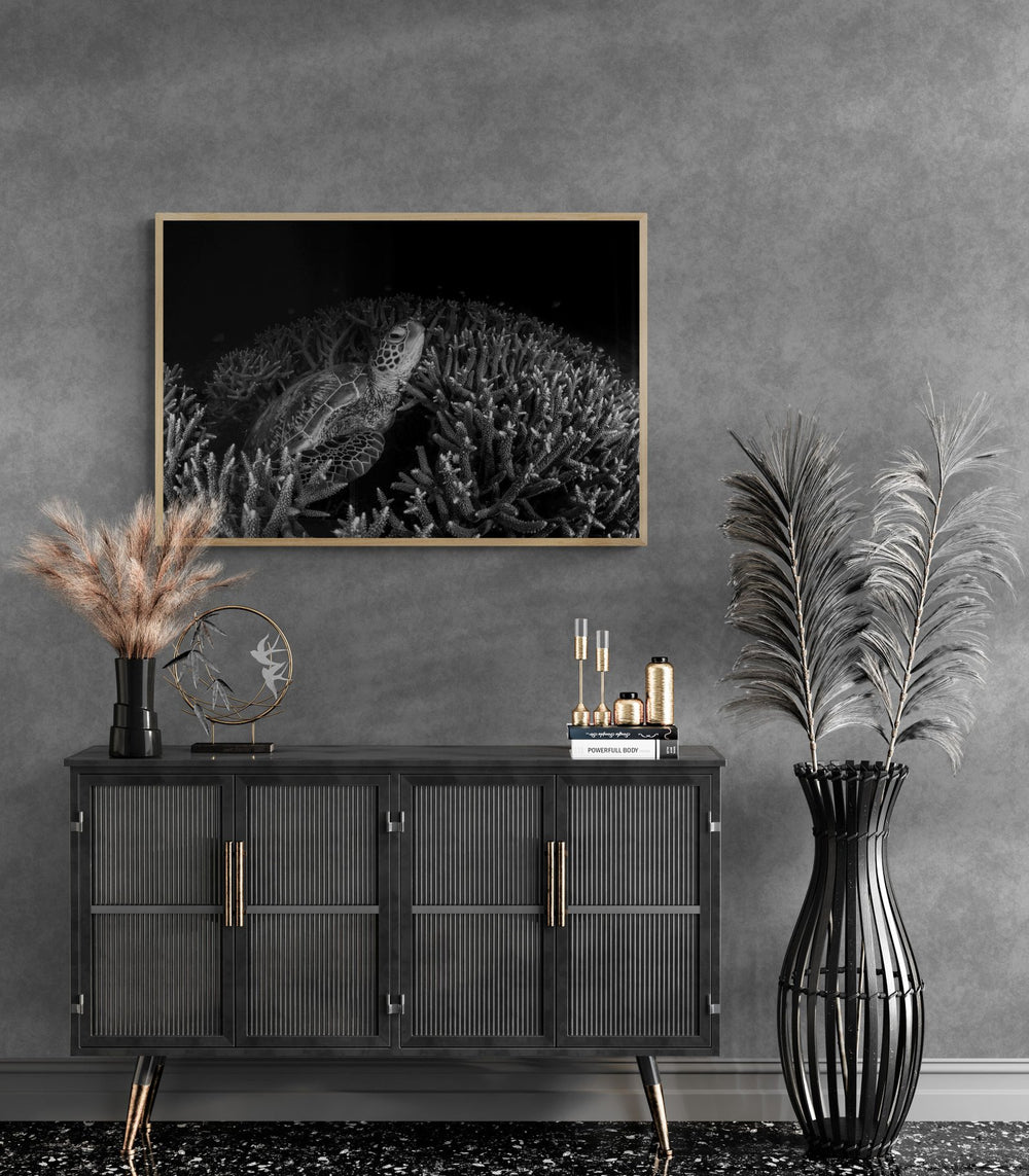 Sea turtle art print — The Dark Turtle by Jake Wilton — view 4 in a room