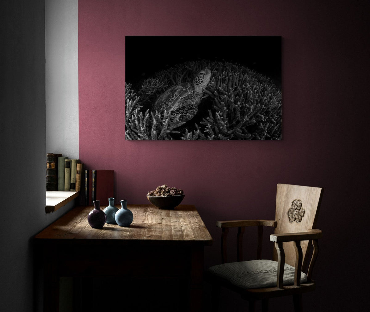 Sea turtle art print — The Dark Turtle by Jake Wilton — view 2 in a room