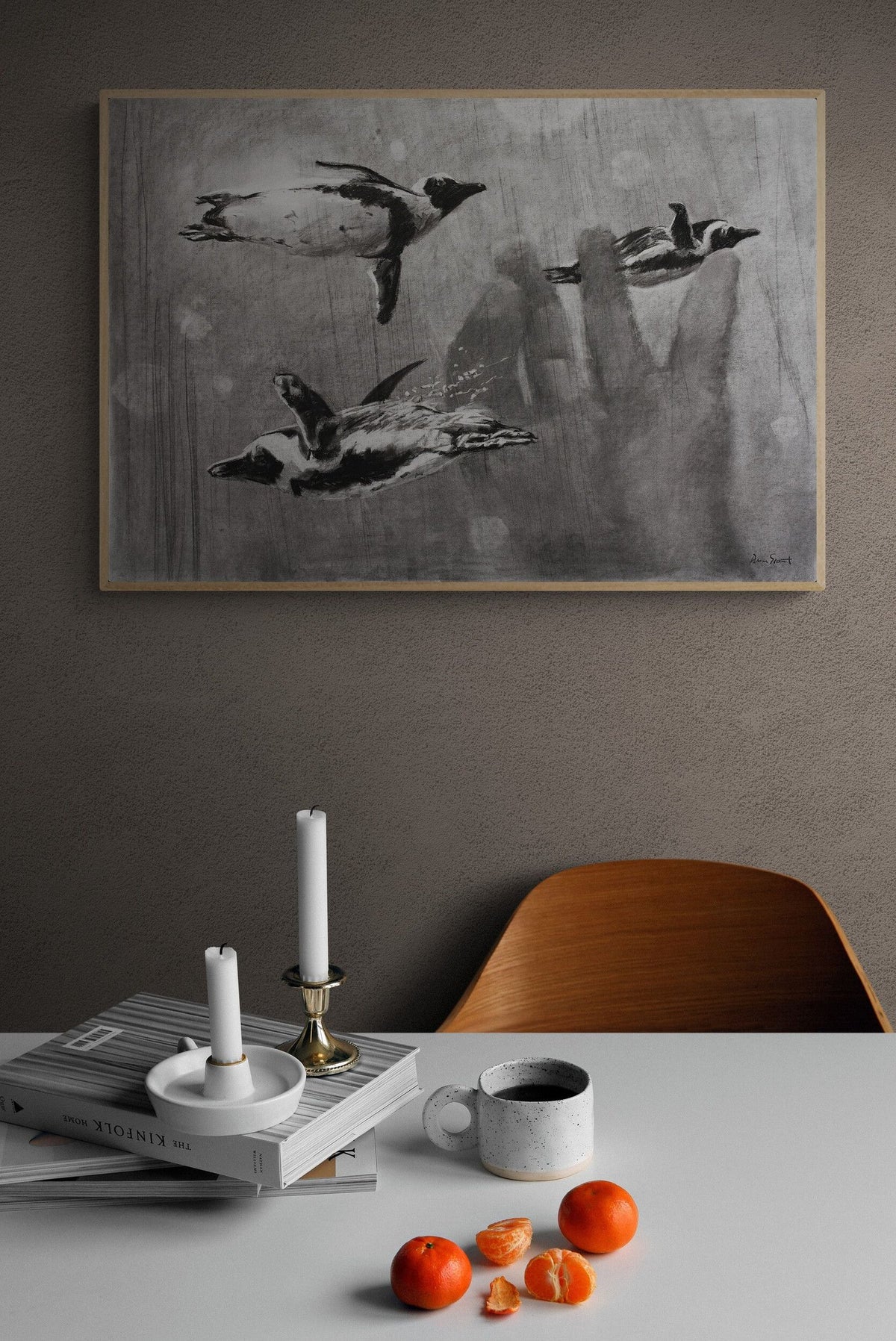 Penguin art print — The Flying Penguins by Duncan Stewart — view 2 in a room