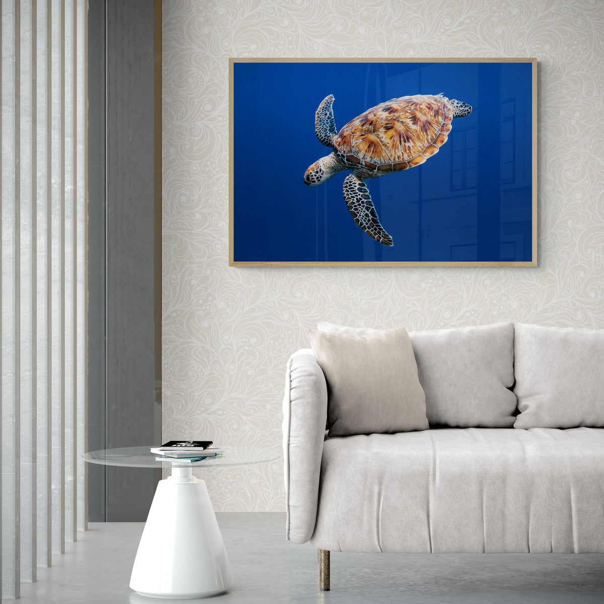 Sea turtle art print — The Free Fall by Jake Wilton — view 3 in a room