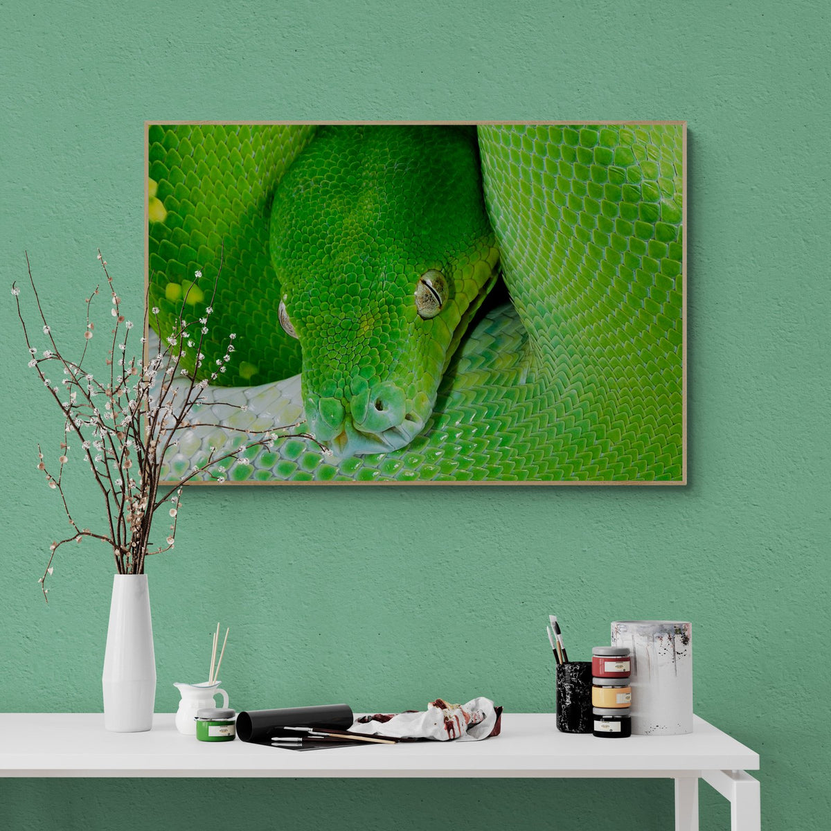 Green tree python art print — The Tree Python by Shannon Wild — view 2 in a room