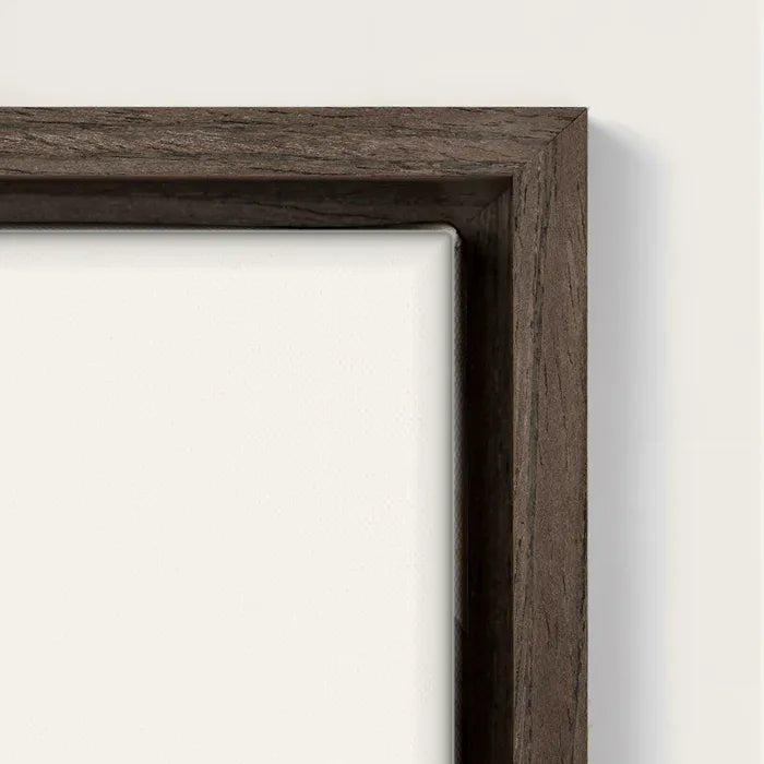 Dark oak float frame, corner, on a stretched canvas