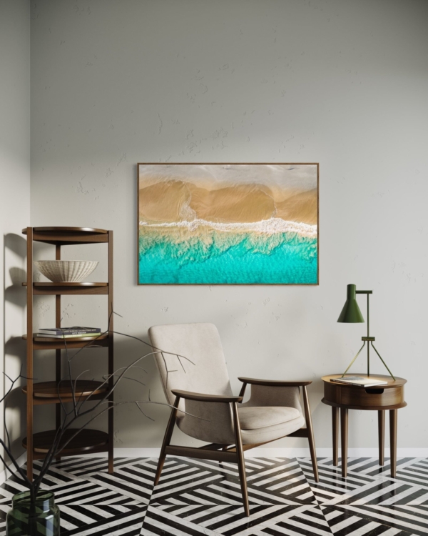 In-room photo of "The Shore Break," an artwork from Andre Rerekura.